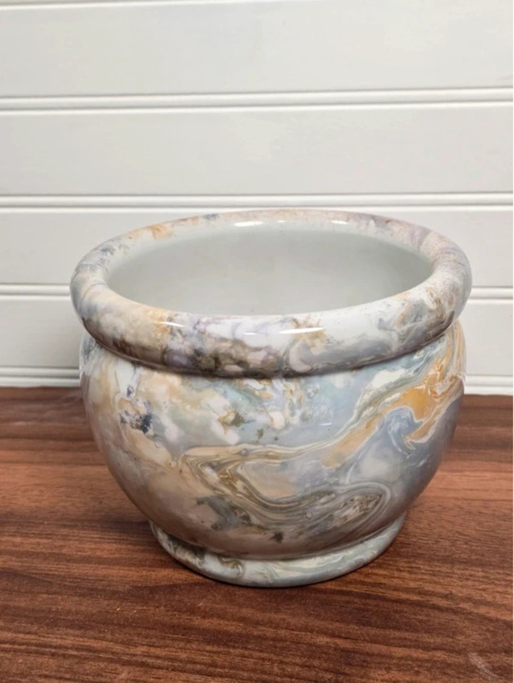Vintage Marbled Swirl Pottery Planter Blue Cream Art Pottery Cachepot